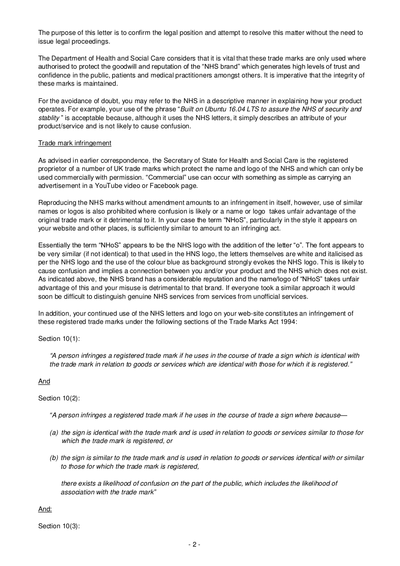 Govt Legal Letter to NHoS Jan 2018 page 2 of 3