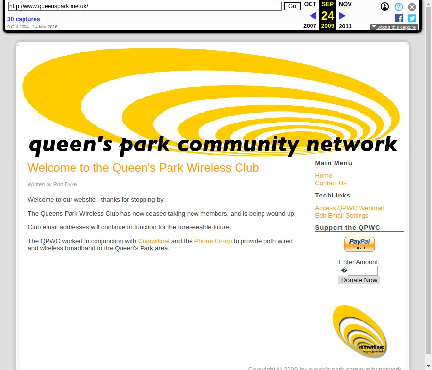 Queen’s Park Community Network homepage, source: Internet Archive